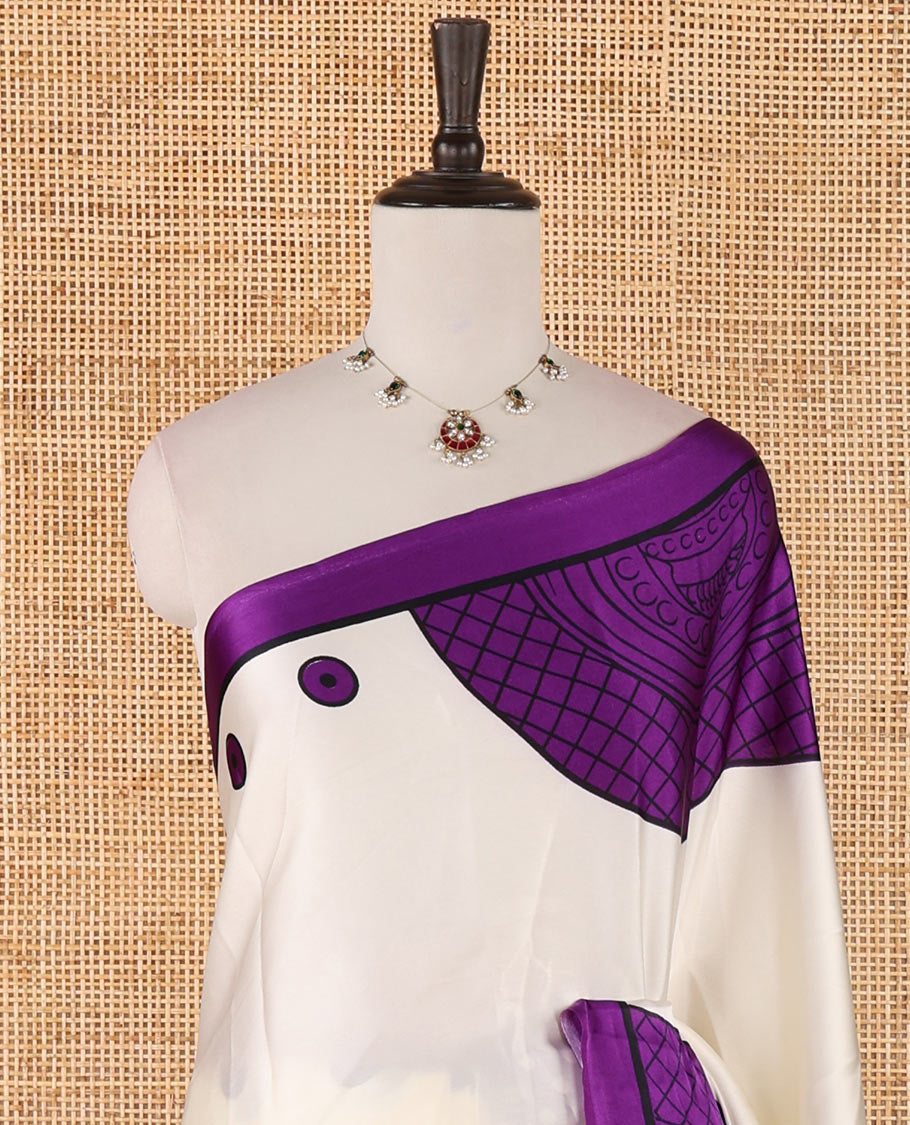 Cream printed semi-modal silk saree,  contrast violet border of kathakali motif enclosed semi-circle, kathakali printed pallu & printed blouse