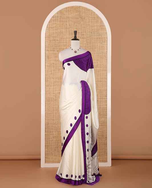 Cream printed semi-modal silk saree,  contrast violet border of kathakali motif enclosed semi-circle, kathakali printed pallu & printed blouse