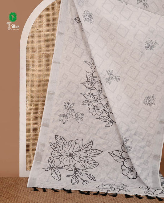 White diamond & floral motif printed linen cotton saree, silver zari border, diamond & floral print pallu & geometric print blouse