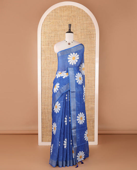 Ink blue sunflower motif printed linen saree, silver zari plain border & small sunflower motif print blouse