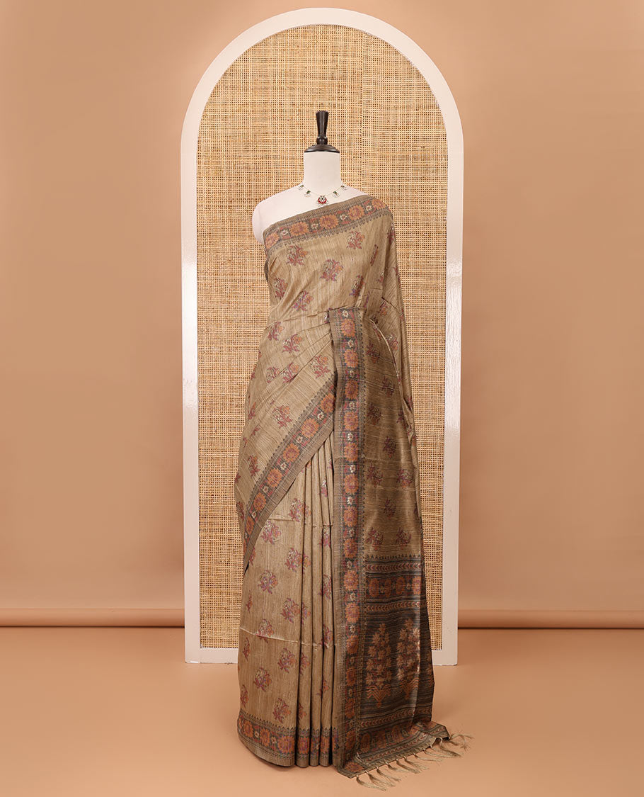 Chikku colorful thread floral buttas woven banarasi jute saree, floral design border, jamdhani-style woven pallu & plain blouse