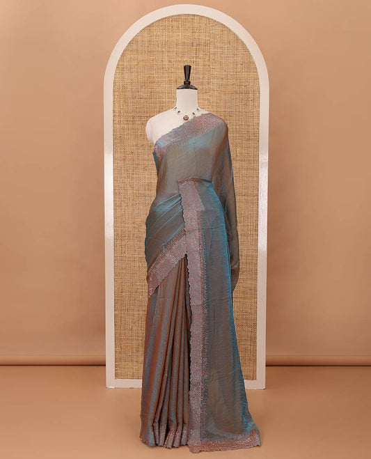 Ramar blue plain fendy-chiffon saree, scallop Swarovski copper stone work border & contrast Swarovski copper stonework blouse