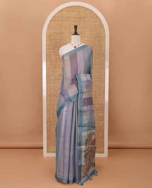 Grey rainbow-striped mercerised tissue saree, madhubani-style peacocks print pallu & kalamkari floral vine print pallu