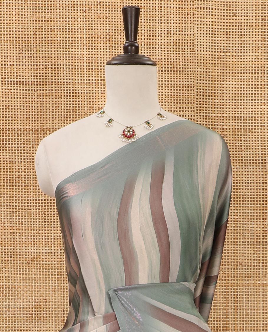 Blue ombre-color abstract-printed satin crepe saree, copper zari line weave border & matching jaal printed blouse