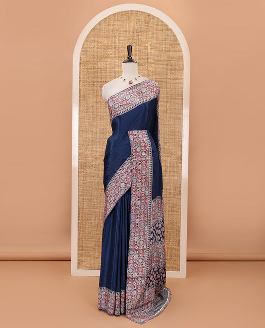 Navy blue plain design Turkey crepe saree, intricately Ajrakh-printed border, pallu & matching blouse