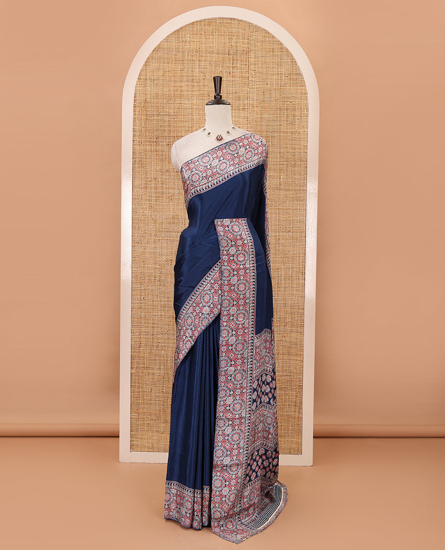 Navy blue plain design Turkey crepe saree, intricately Ajrakh-printed border, pallu & matching blouse
