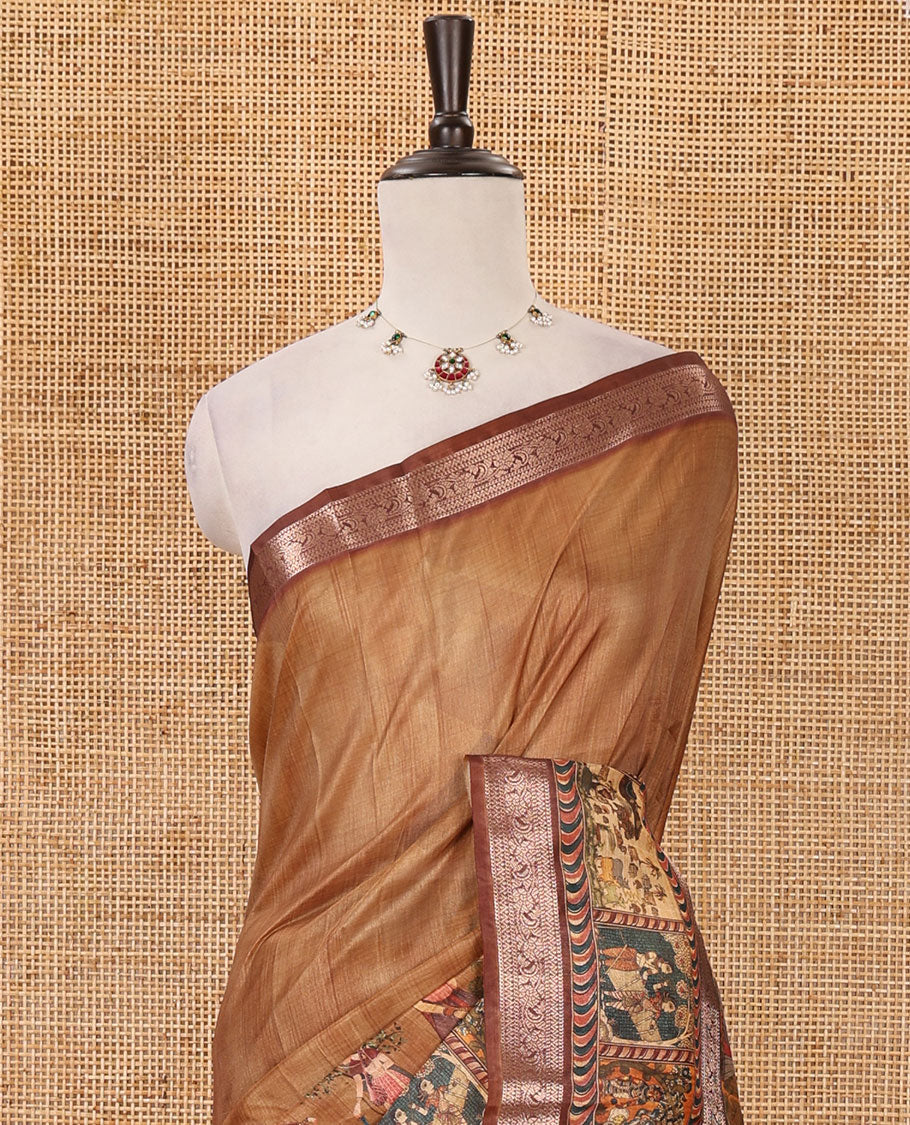 Mustard ancient human printed semi-tussar saree, traditional rettai pettu border of ancient human motifs print, printed pallu & running blouse