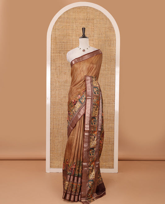 Mustard ancient human printed semi-tussar saree, traditional rettai pettu border of ancient human motifs print, printed pallu & running blouse