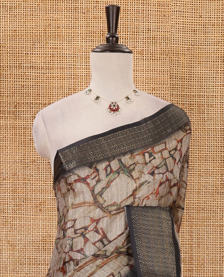 Chikku geometric abstract printed semi-jute saree, contrast geometric zari border, printed pallu, & black blouse of brid print & zari work