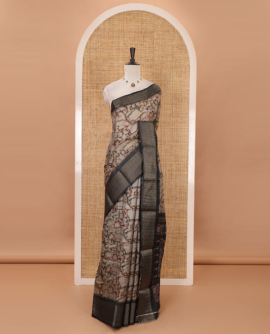 Chikku geometric abstract printed semi-jute saree, contrast geometric zari border, printed pallu, & black blouse of brid print & zari work