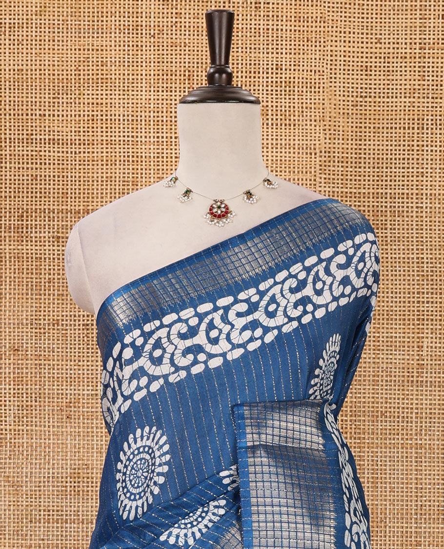 Blue golden zari striped & batik-printed dola silk saree, traditional zari border & batik printed pallu & matching batik printed blouse