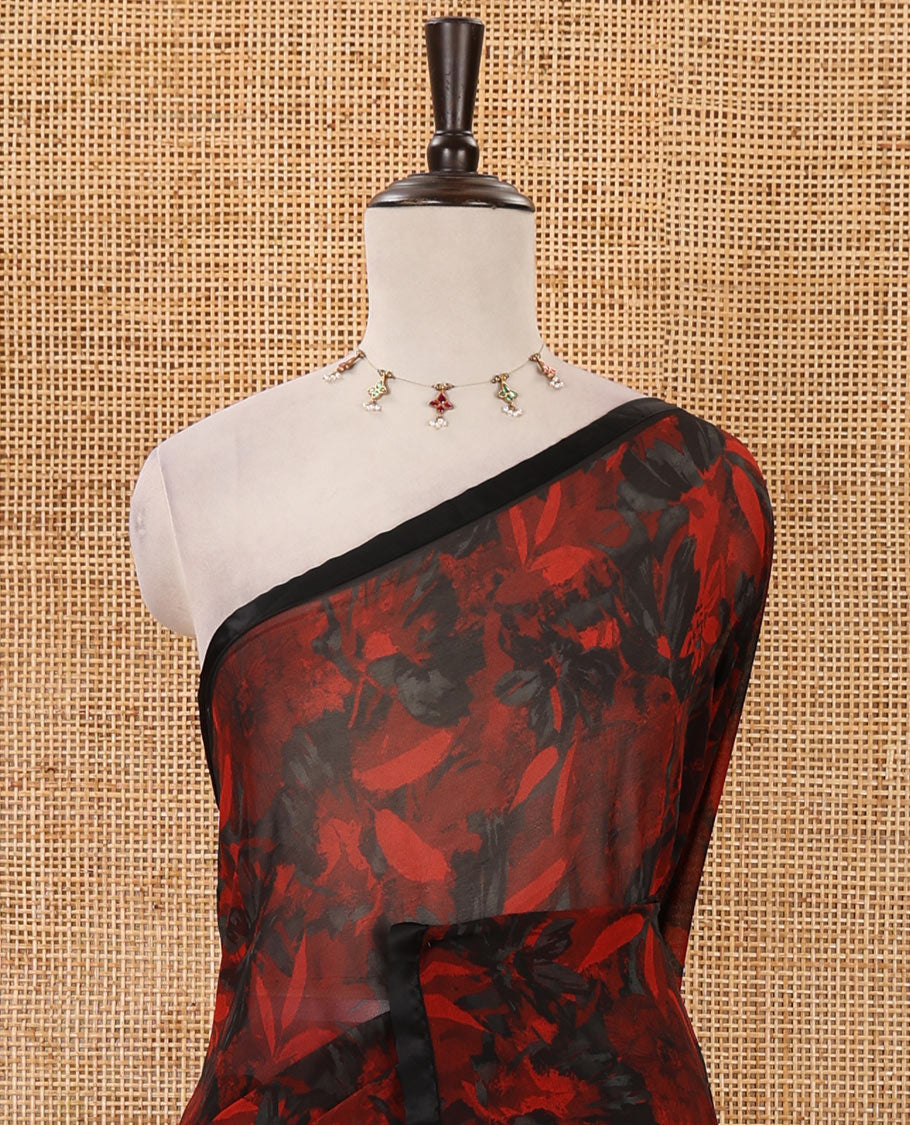 Black-red floral digital printed georgette saree, satin lace plain border & black plain blouse