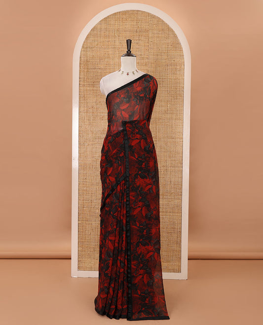 Black-red floral digital printed georgette saree, satin lace plain border & black plain blouse