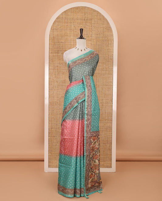 Rama green3D-dying with bandhani printed design kota saree , self printed border , radhe and kalamkari style printed pallu & contrast printed blouse