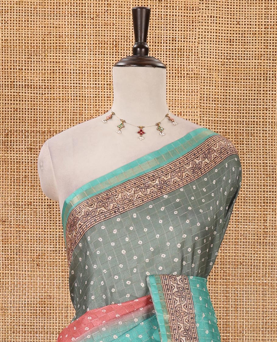Rama green3D-dying with bandhani printed design kota saree , self printed border , radhe and kalamkari style printed pallu & contrast printed blouse
