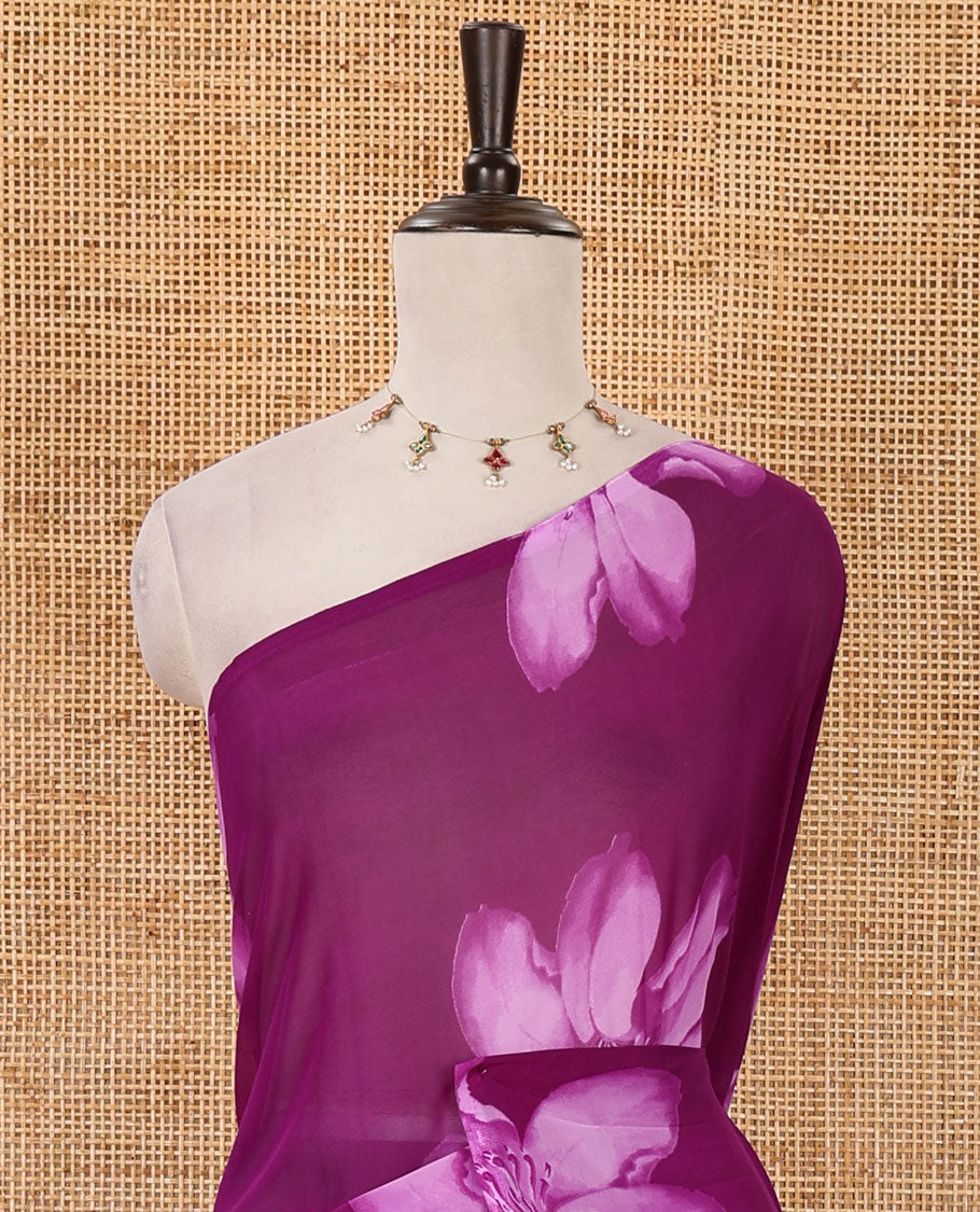 Borderless dark violet big floral motifs printed georgette saree with contrast printed blouse