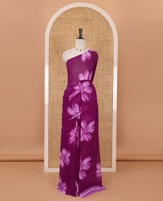 Borderless dark violet big floral motifs printed georgette saree with contrast printed blouse