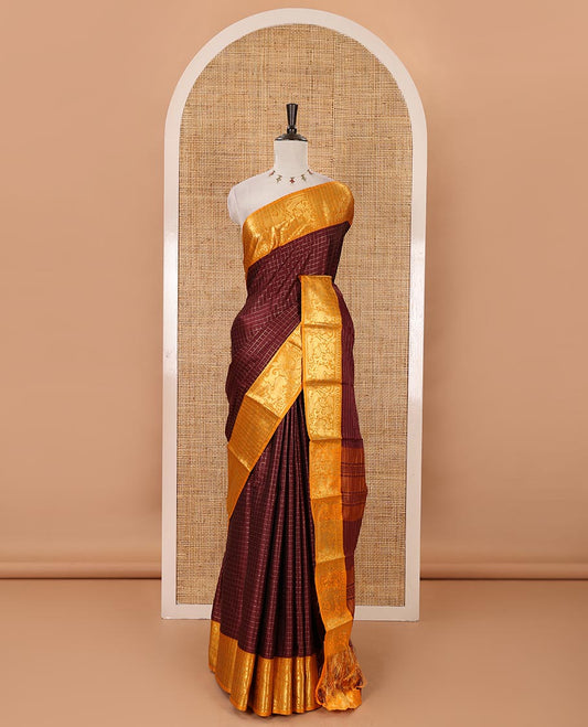 Maroon zari checked semi-taffeta silk saree, contrast deer motifs zari woven border, striped pallu & contrast striped zari border blouse