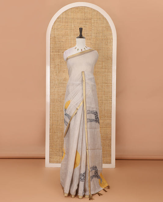 Chikku plain & giraffe motifs printed linen cotton saree, zari piping border, giraffe printed pallu & vertical striped blouse