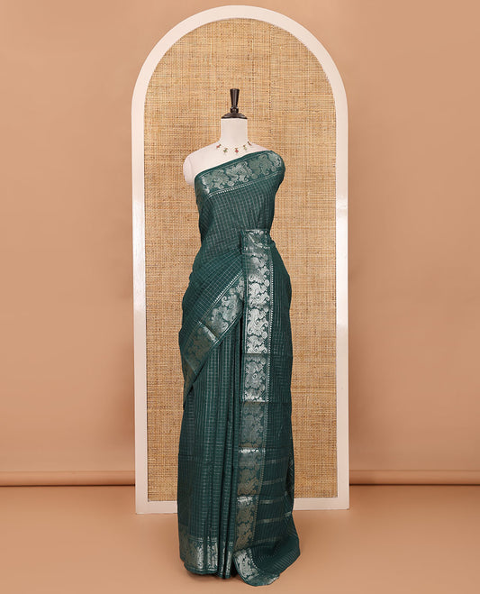 Green zari checked Sungudi cotton saree, zari annam motifs woven border, zari striped pallu & contrast zari checked blouse