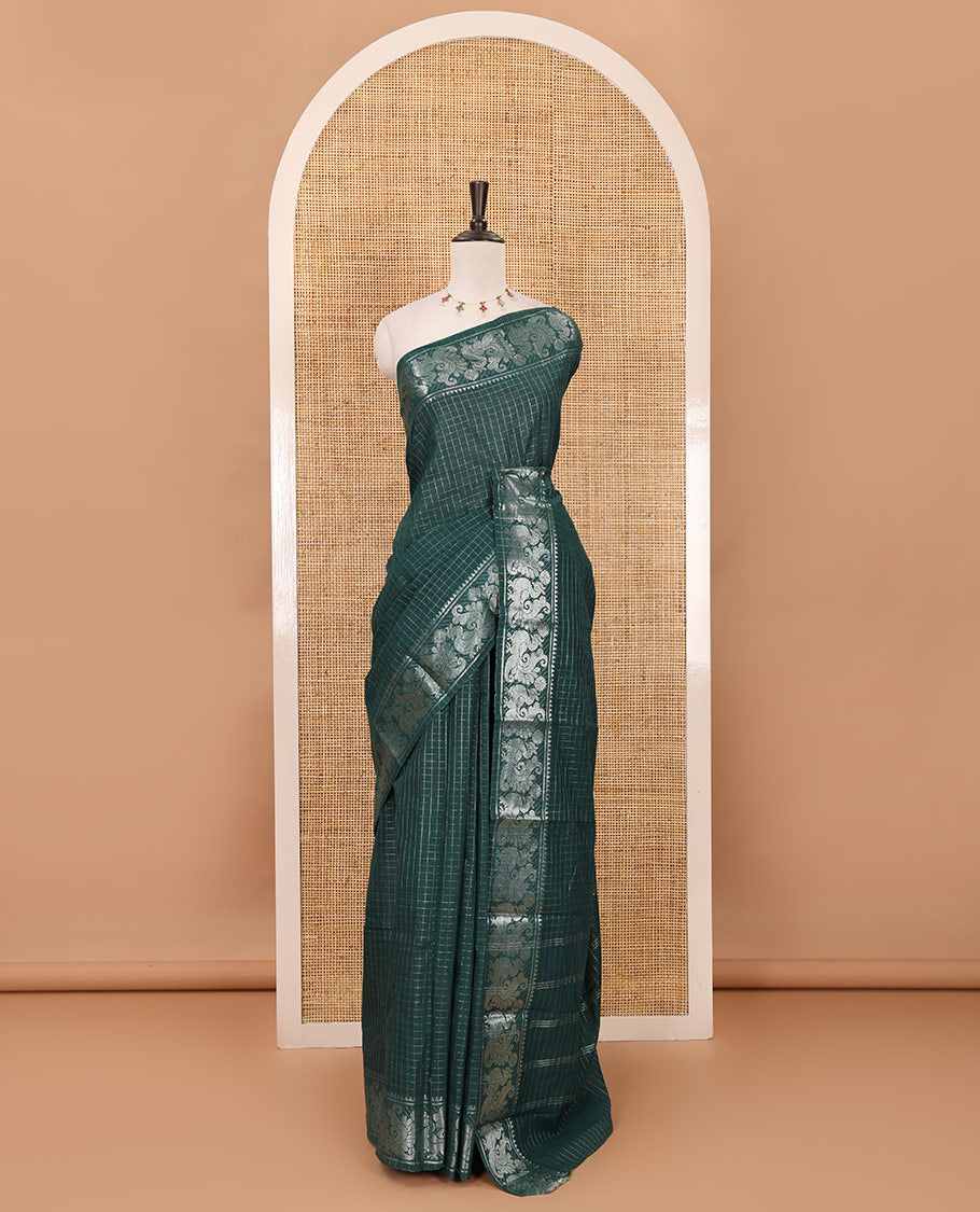 Green zari checked Sungudi cotton saree, zari annam motifs woven border, zari striped pallu & contrast zari checked blouse