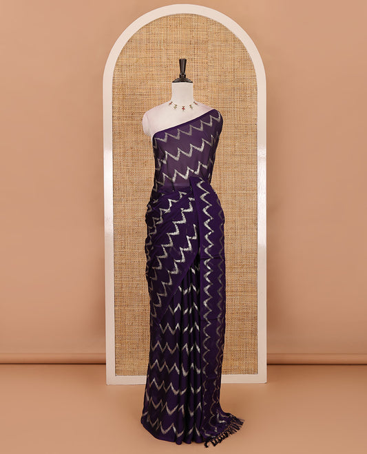 Borderless violet zig-zag stripes foil printed rangoli saree, running blouse