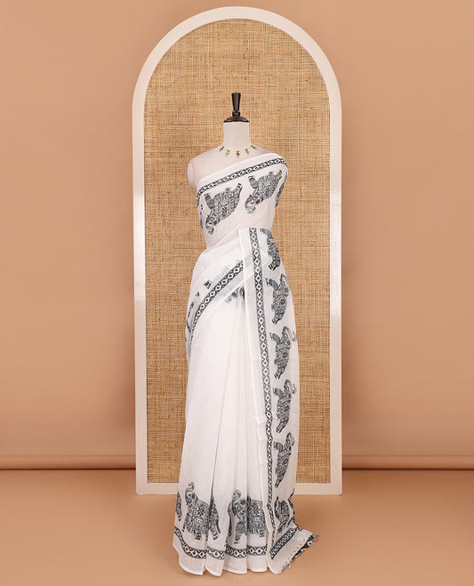 White full-plain linen cotton saree, elephant & diamond patterns printed border & pallu with contrast printed blouse
