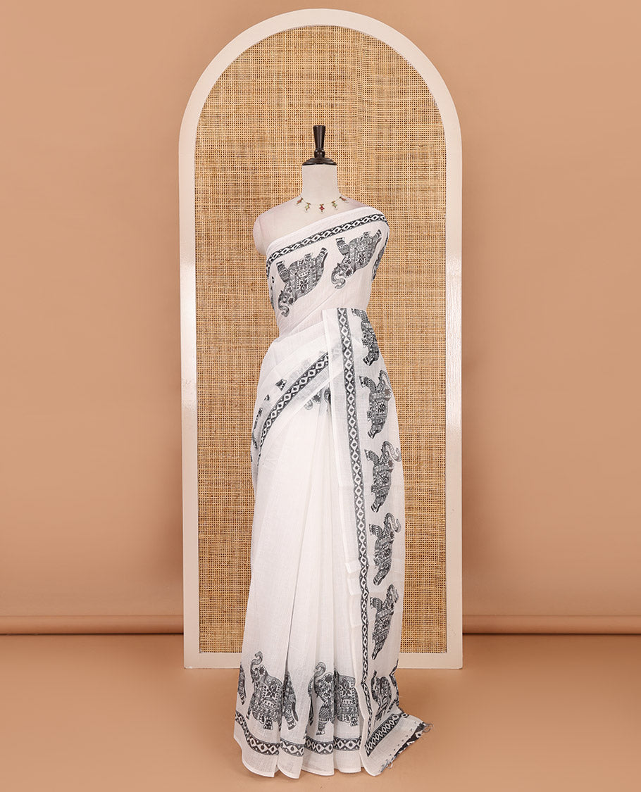 White full-plain linen cotton saree, elephant & diamond patterns printed border & pallu with contrast printed blouse