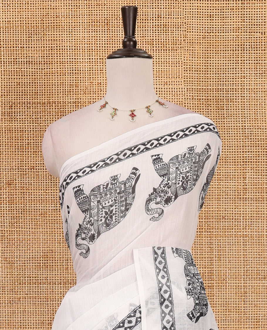 White full-plain linen cotton saree, elephant & diamond patterns printed border & pallu with contrast printed blouse