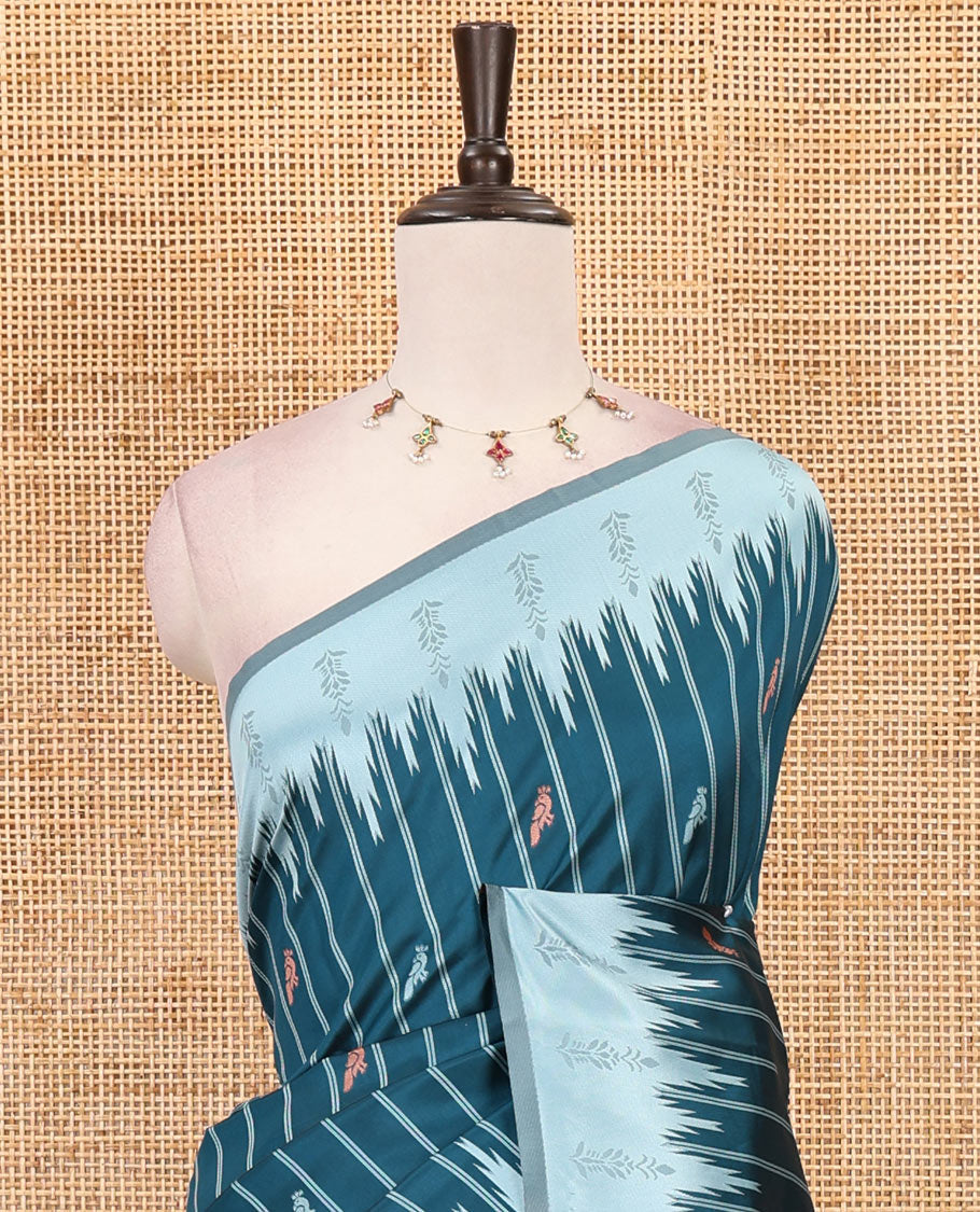 Peacock green vertical striped & parrot motifs kanchi silk saree, contrast satin temple border, zari-rich jaal pallu & contrast zari design blouse
