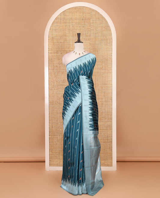 Peacock green vertical striped & parrot motifs kanchi silk saree, contrast satin temple border, zari-rich jaal pallu & contrast zari design blouse