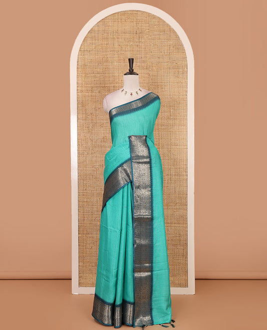 Rama green gold zari vertical striped dola silk saree, contrast traditional zari border of manga design, striped pallu & contrast diamond design blouse