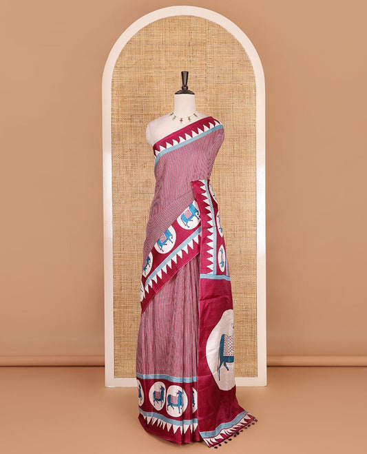 Cream-purple vertically striped khadi cotton saree, contrast Pichwai cow printed temple border, Pichwai cow print pallu, and jaal printed blouse