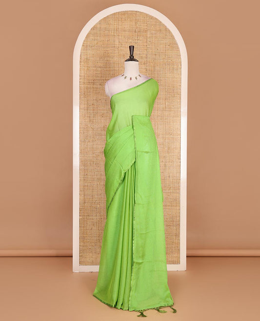 Borderless parrot green plain design viscose saree, flower motifs printed matching blouse