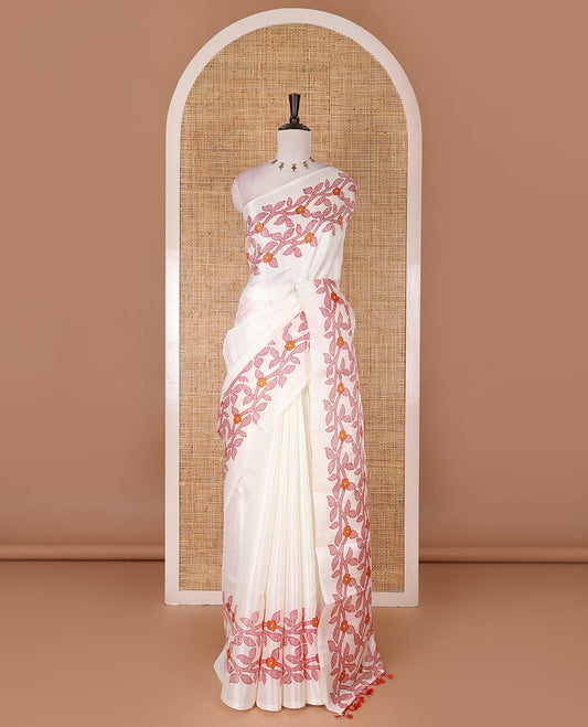 Cream-red full-plain khadi cotton saree, double-sided floral vine printed border, floral printed border, and drop butta printed blouse