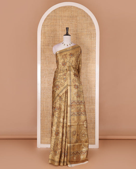 Mustard kalamkari style floral vine printed semi-tussar saree, gold zari piping border, printed pallu, and matching printed blouse