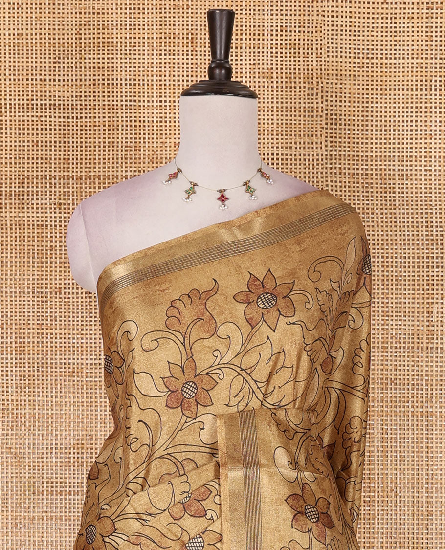 Mustard kalamkari style floral vine printed semi-tussar saree, gold zari piping border, printed pallu, and matching printed blouse