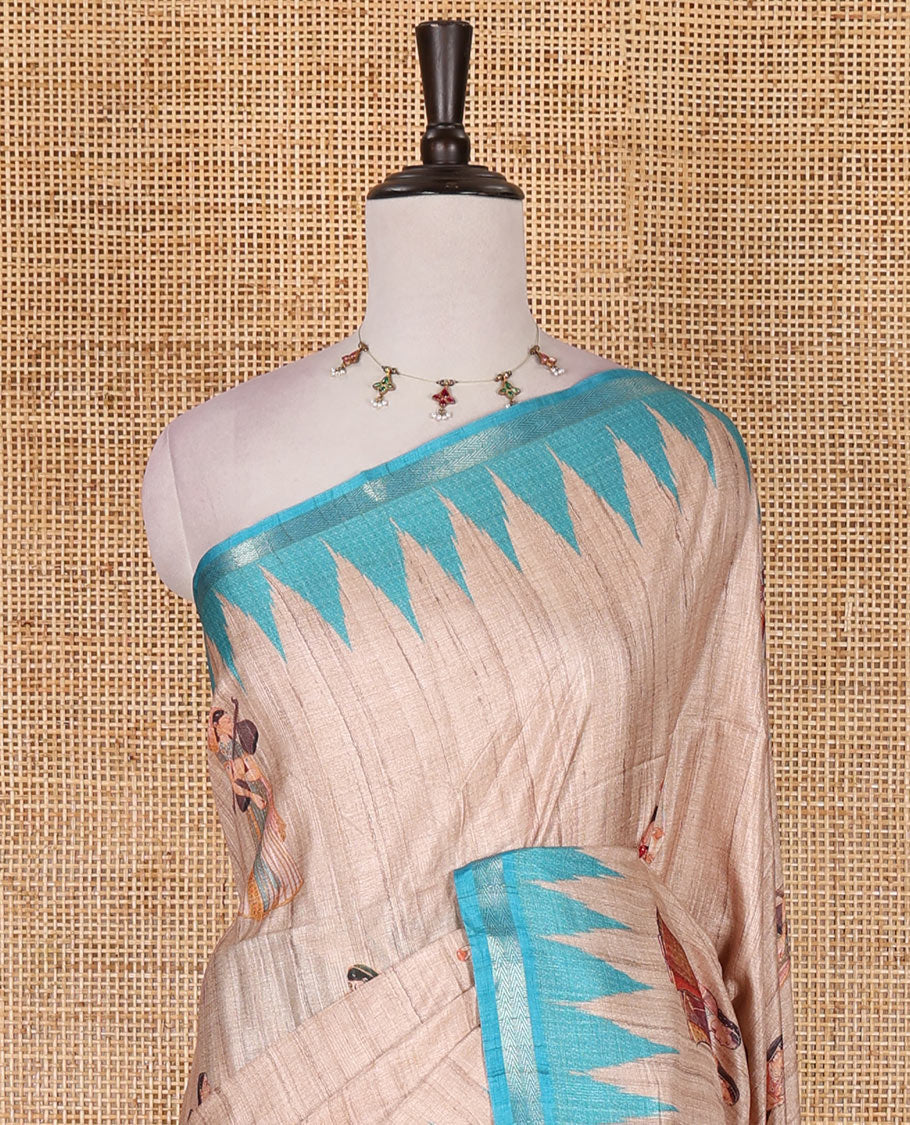 Chikku and blue  Radha motifs printed katan silk saree, contrast temple border, ikkat motifs woven pallu, and contrast printed pallu