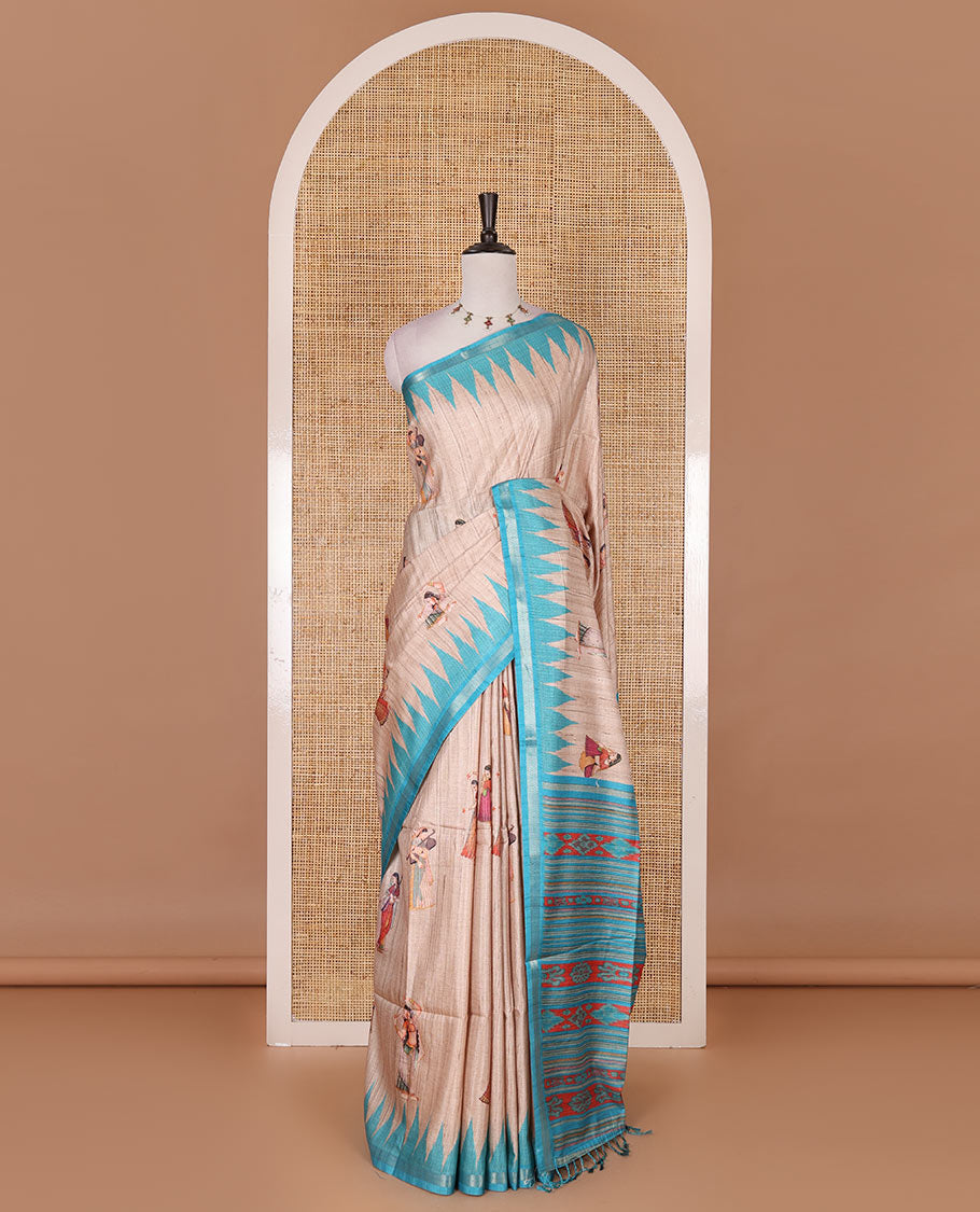 Chikku and blue  Radha motifs printed katan silk saree, contrast temple border, ikkat motifs woven pallu, and contrast printed pallu