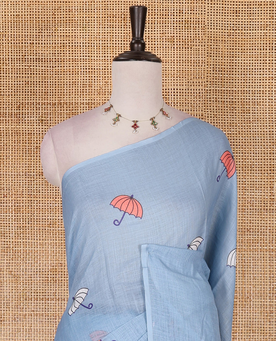 Borderless Sea blue umbrella motifs printed linen cotton saree, self-pallu of big umbrella motifs and contrast blouse