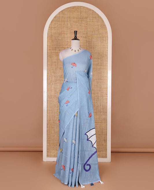 Borderless Sea blue umbrella motifs printed linen cotton saree, self-pallu of big umbrella motifs and contrast blouse