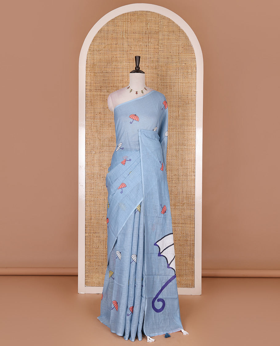 Borderless Sea blue umbrella motifs printed linen cotton saree, self-pallu of big umbrella motifs and contrast blouse