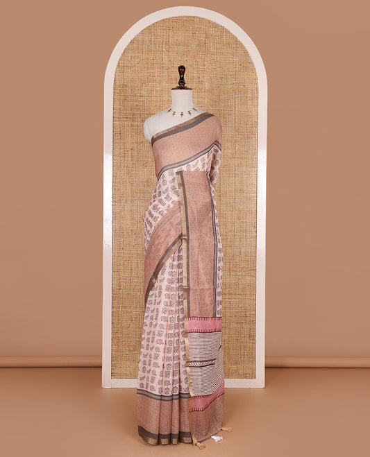 Peach cute elephant motifs printed linen cotton saree, contrast chevron border, pallu of stripes and chevron, and contrast printed blouse