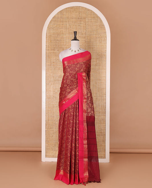 Maroon vanasingaram style flora-fauna motifs, Chettinad cotton saree, contrast traditional zari border, striped pallu, and contrast blouse