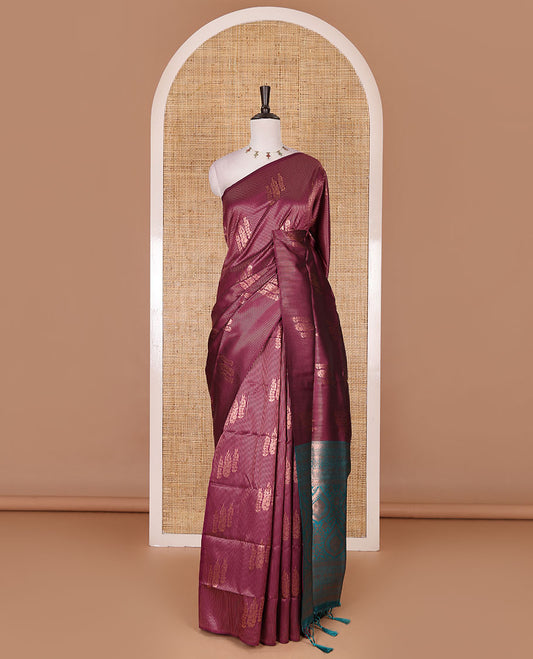 Borderless purple stripes and zari floral buttas elite soft silk saree, contrast ogee patterned zari pallu, and contrast zari design blouse