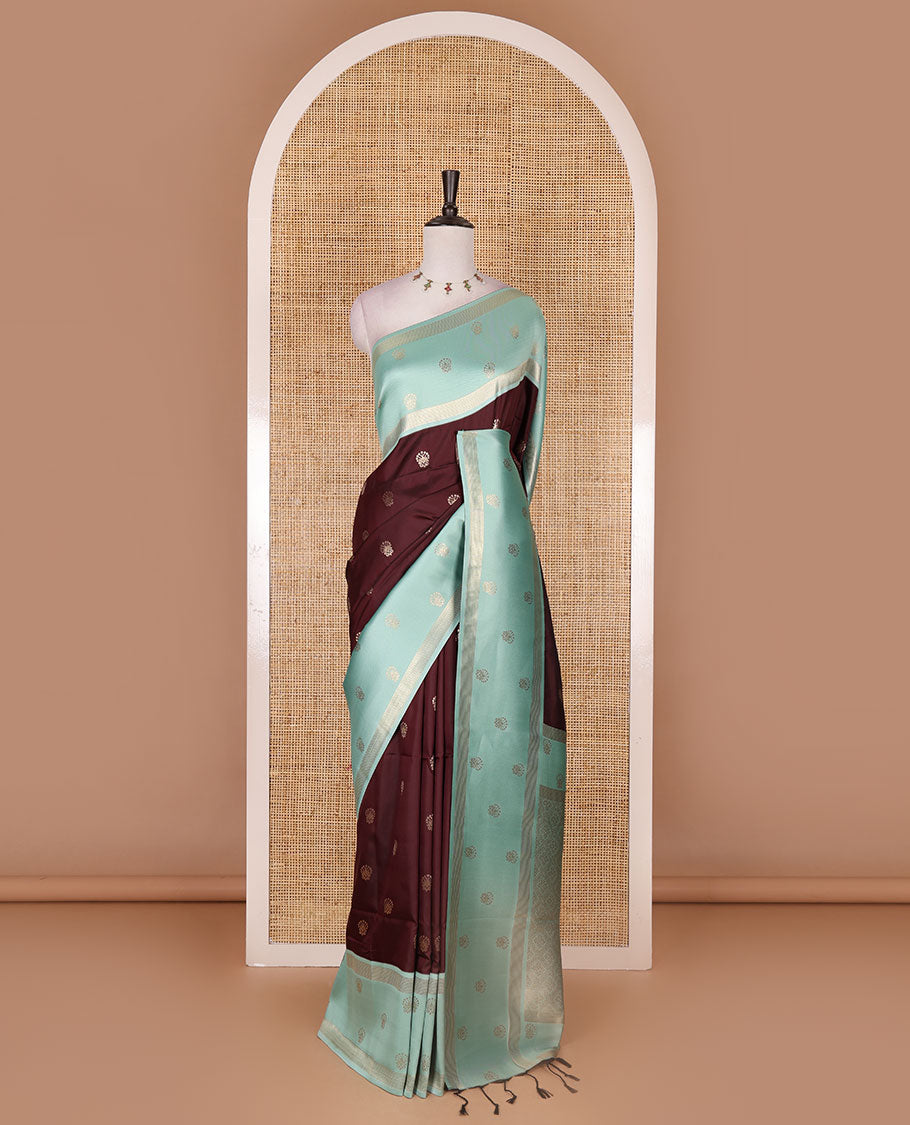 Maroon zari buttas soft silk saree, contrast zari design border, intricate jaal pallu, and contrast zari design blouse
