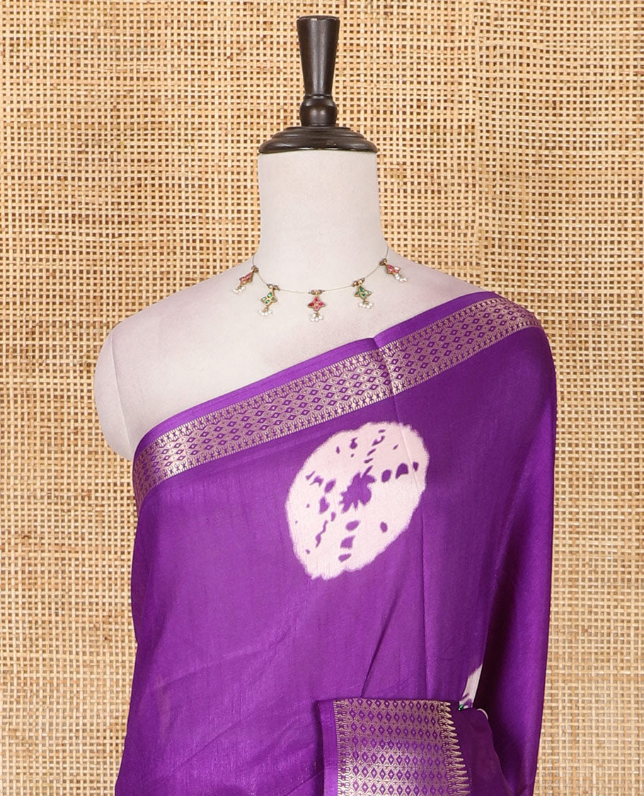 Violet shibori printed dola silk saree, traditional zari border, printed pallu, and blouse of print, and zari work