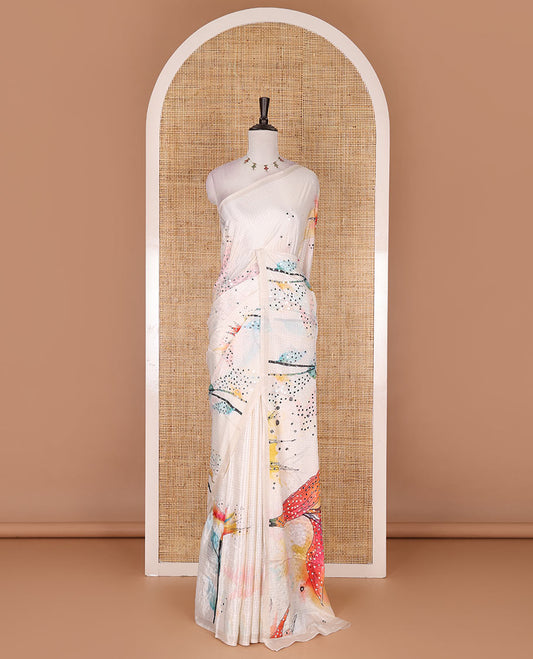 Cream micro-checked, and colorful floral printed with mirror work masakali saree, thin border, and pallu of floral print and mirrorwork, and a checked blouse