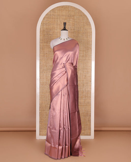 Pink paisley zari jacquard Kanchi tissue saree, zari border, pallu steeped with paisleys, and jacquard matching blouse