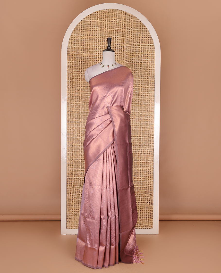 Pink paisley zari jacquard Kanchi tissue saree, zari border, pallu steeped with paisleys, and jacquard matching blouse